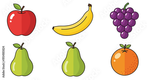 A vibrant assortment of various cartoon-style fruits against a clean, white backdrop.