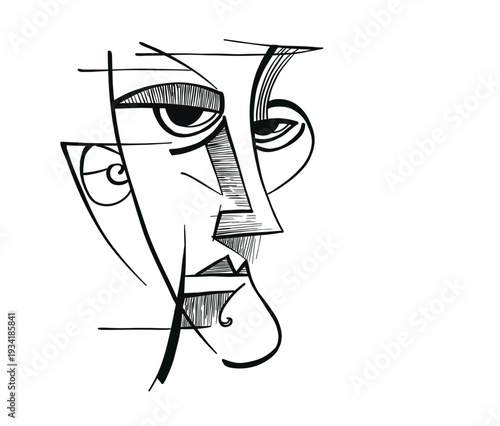 Abstract cubist face line art illustration in modern minimalist style. Artistic black and white portrait ideal for wall art, posters, prints and contemporary design projects