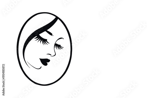 Elegant woman face logo with long eyelashes in oval frame. Ideal for lash studio, brow salon, permanent makeup and beauty business branding