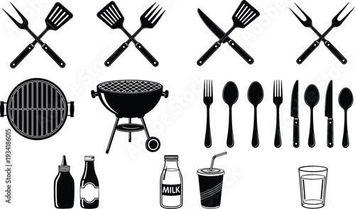 Barbecue Grill and Cutlery Icon Set with Spatula, Fork, Sauce Bottles and Drink Glass, Black Silhouette Vector Collection