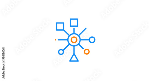 Abstract illustration of a network diagram with connected nodes, geometric shapes, and a central hub