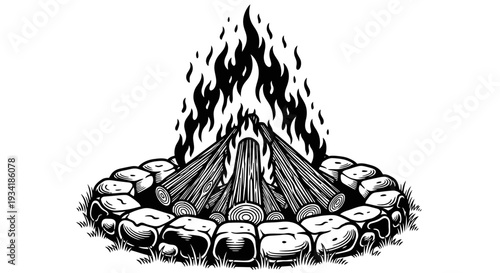 A bold woodcut-style tribute to the primal dance of fire, featuring crackling logs sheltered by a ring of weathered stones to capture the flickering soul of a quiet, moonlit wilderness evening