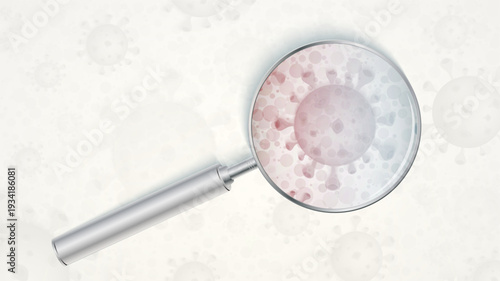 Close-up view of a magnifying glass enlarging a single Virus Cell. Magnifying Glass Inspecting a Virus Cell.