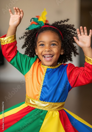 African American child dancing joyfully in colorful costume indoors  