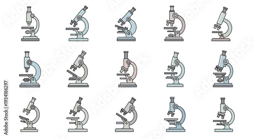 Array of Illustrated Microscopes: Scientific Tools in Vector Style Isolated on White Background