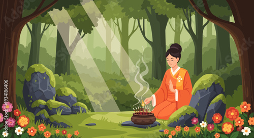 Young woman in traditional Japanese attire performing incense ceremony.