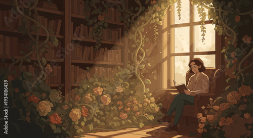 Young woman reading a book in a sunlit room.