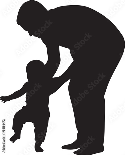 Black silhouette of man helping toddler walk baby walking