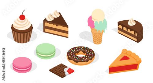 Assortment of Sweet Treats: Cupcake, Cake, Ice Cream, Donut, Macarons, Pie and Chocolate