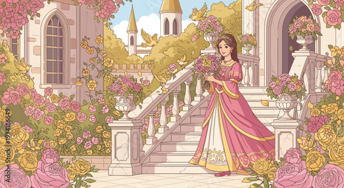 Beautiful princess in a pink gown holding flowers.