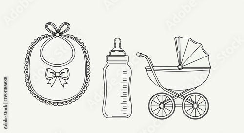 Line drawing of a baby's hat, bottle, and stroller on a neutral background, conveying a baby shower theme with simple illustrations.