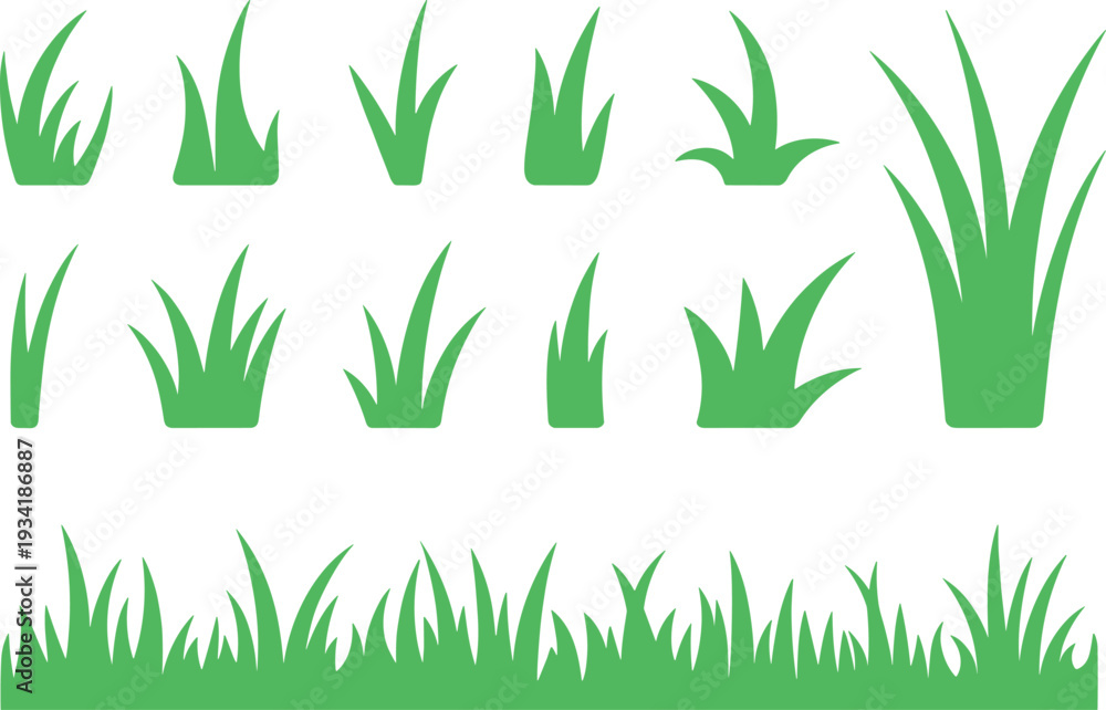 Fototapeta premium Various Green Grass Tufts and Lawn Silhouettes Collection for Nature Landscape and Environment Garden Design Concept