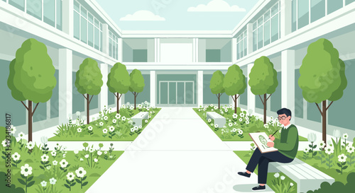 Man Reading Book on Bench in Courtyard.