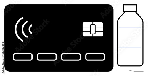 Contactless payment card emitting signal next to water bottle. Ideal for technology, sustainability, e-commerce, payment, retail, minimalism, eco-friendly shopping. Simple flat metaphor