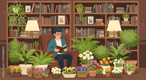 Man Reading Book Surrounded by Lush Green Plants.