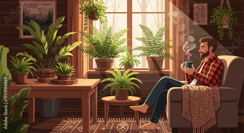 Man relaxing with coffee in a cozy sunlit room.