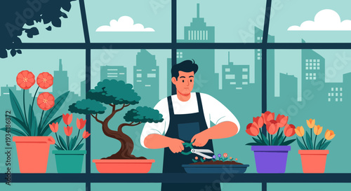 Man tending to plants in a greenhouse setting.