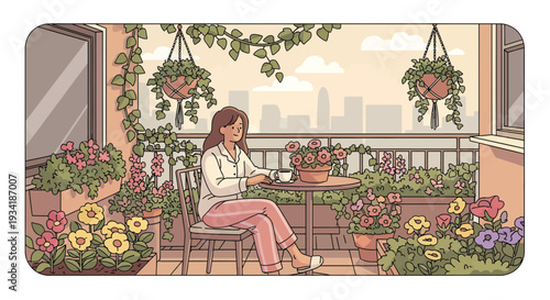 Woman enjoying coffee on a flowerfilled balcony.