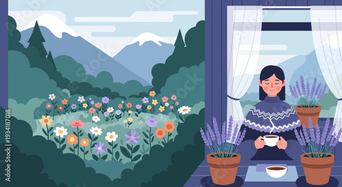 Woman enjoying coffee by the window.