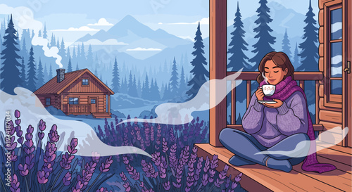 Woman enjoying hot beverage on porch in winter.