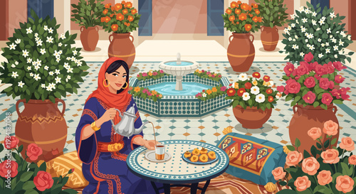 Woman enjoying tea in a beautiful courtyard setting.