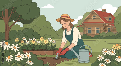 Woman Gardening Planting Flowers In A Lush Garden.