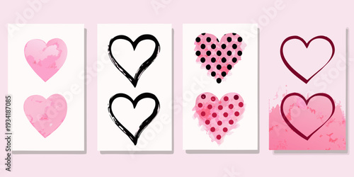 Four artistic heart illustrations in varying styles and shades of pink