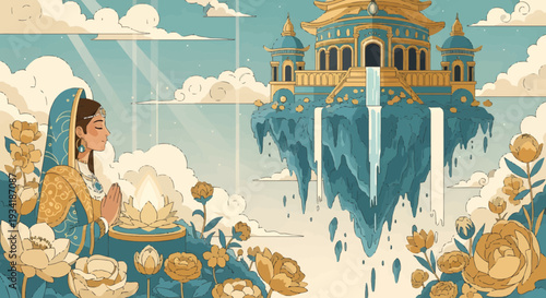 Woman in traditional Indian attire offering prayers to a floating temple.