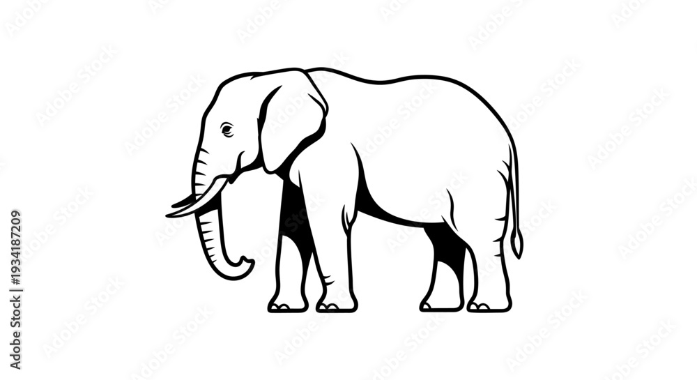 Fototapeta premium Stylized elephant outline drawing, a monochrome vector illustration in side profile, isolated for graphic design elements and icons.