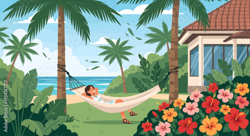 Woman relaxing in hammock on tropical vacation.