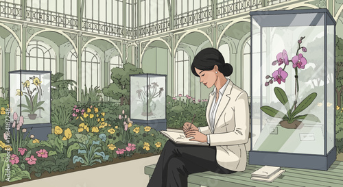 Woman sketching orchids in a botanical garden.