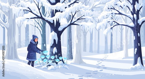 Young Girl in Snowy Forest Creating Magic.