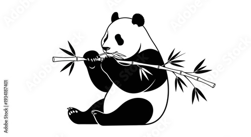 Minimalist black and white graphic illustration of a cute sitting giant panda bear eating bamboo branches, simple vector design on white background