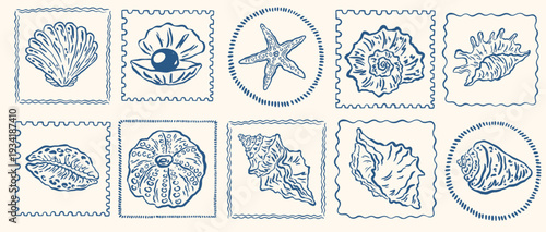 Hand drawn ink seashells frames. Mediterranean summer. Chalk doodle tropical vacation, beach, ocean print for invitations, cards, poster, placard. Vector ink illustrations in minimalist sketch style