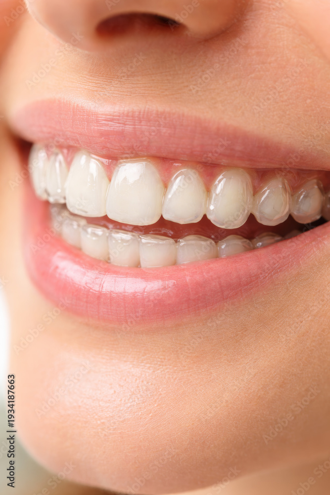 Obraz premium Close-up of a beautiful smile with clear aligners visible