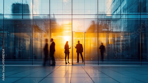 Group of Business people walking in the office corridor in night,People in business center walking at hall,motion go around at coworking space,Wide image,Concept of office life,co working space.