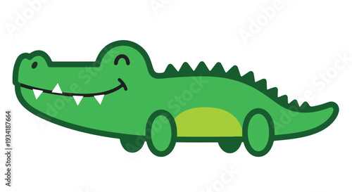 A cartoon green alligator toy with a smiling face and wheels on a white background with a playful mood.
