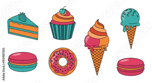 A colorful assortment of delicious sweets, perfect for dessert or a treat on white background