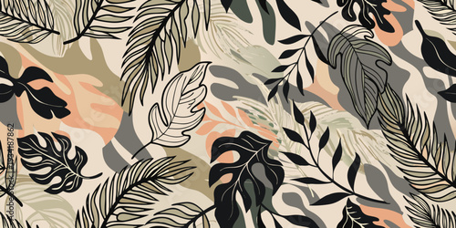 Stylized tropical leaves in a repeating pattern with soft color palette