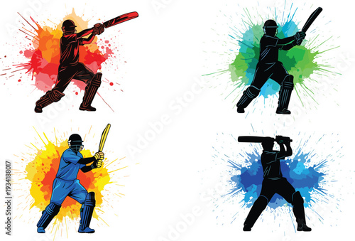 Dynamic Cricket Batsman Silhouettes in Action with Colorful Paint Splashes Vector Set Illustration
