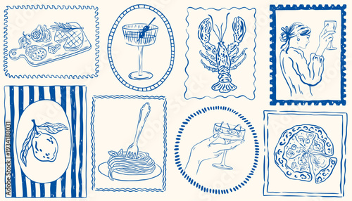 Hand drawn Italian holiday post stamps. Mediterranean summer illustrations with lemons, cocktails, pizza, pasta, lobster. La Dolce vita. Amalfi or Sicily vector illustration for poster, placard, print