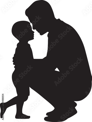 Black silhouette of woman kissing little boy on forehead