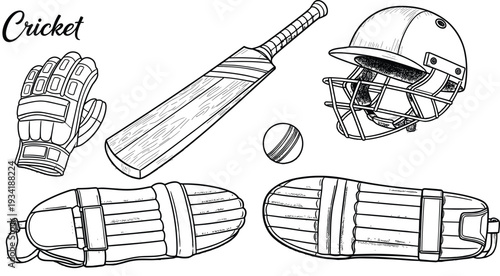 Hand drawn cricket sports equipment set with bat ball helmet gloves and leg pads in vintage sketch style for tournament posters and athletic design
