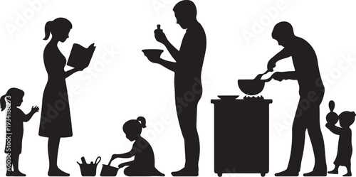 Black silhouettes of family cooking together white background 1