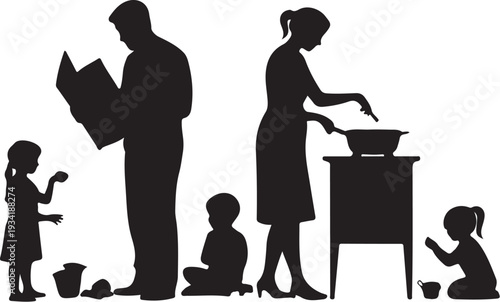 Black silhouettes of family cooking together white background