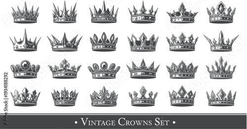 Large set of vintage crowns and royal headpieces with ornate details for luxury branding heraldry king queen logo and jewelry design