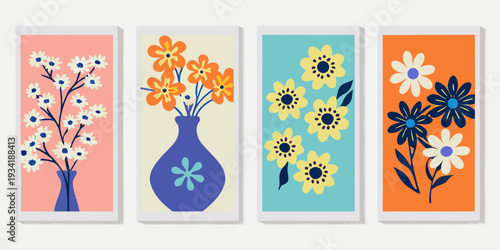 A colorful triptych of floral arrangements in minimalist vases