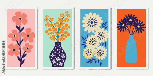 Four botanical wall art panels depicting stylized floral arrangements