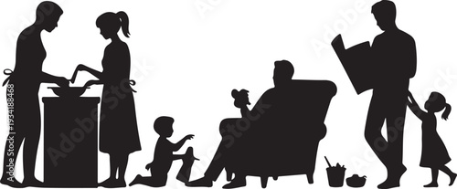 Black silhouettes of family members engaging in various