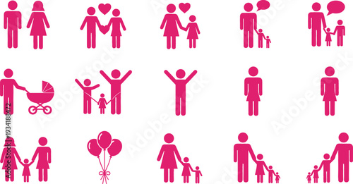 Family and Parenting Icon Set Featuring Parents, Children, Baby Stroller, Adoption, Love, and Care Symbols for Social, Healthcare, and Community Designs